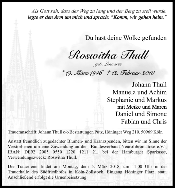 Anzeige von Roswita Thull von Kölner Stadt-Anzeiger / Kölnische Rundschau / Express