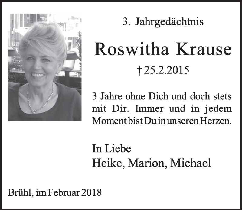  Traueranzeige für Roswitha Krause vom 21.02.2018 aus  Schlossbote/Werbekurier 