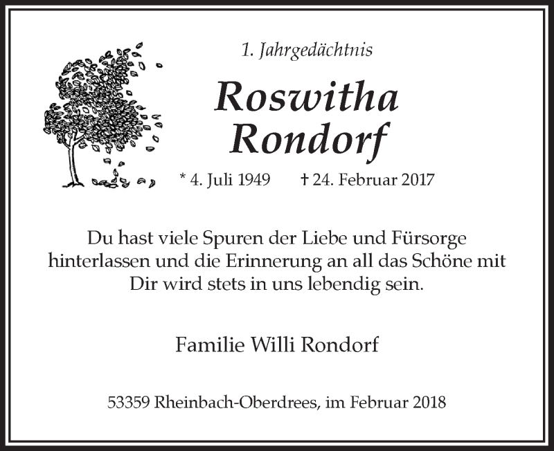  Traueranzeige für Roswitha Rondorf vom 21.02.2018 aus  Schaufenster/Blickpunkt 