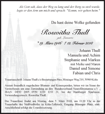 Anzeige von Roswitha Thull von  Kölner Wochenspiegel 