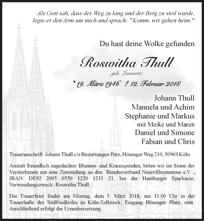  Traueranzeige für Roswitha Thull vom 28.02.2018 aus  Kölner Wochenspiegel 