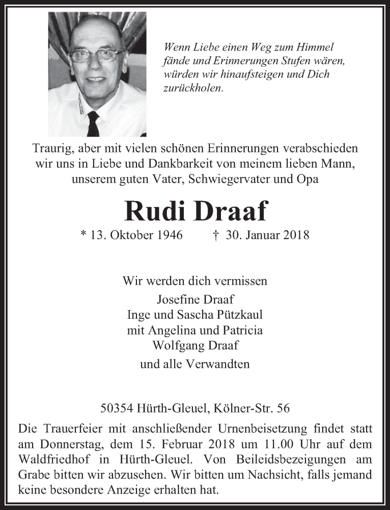  Traueranzeige für Rudi Draaf vom 07.02.2018 aus  Wochenende 