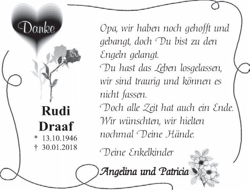  Traueranzeige für Rudi Draaf vom 07.02.2018 aus  Wochenende 