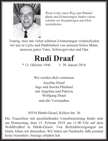 Anzeige von Rudi Draaf von  Wochenende 