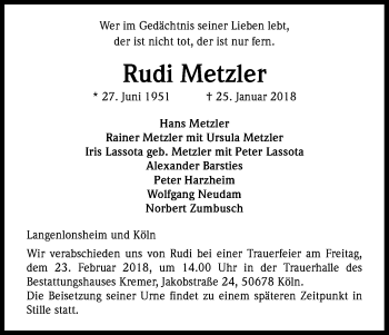 Anzeige von Rudi Metzler von Kölner Stadt-Anzeiger / Kölnische Rundschau / Express