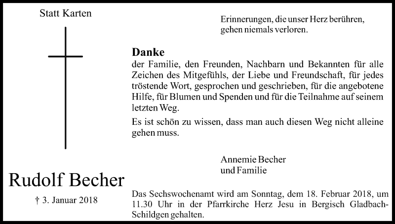  Traueranzeige für Rudolf Becher vom 03.02.2018 aus Kölner Stadt-Anzeiger / Kölnische Rundschau / Express