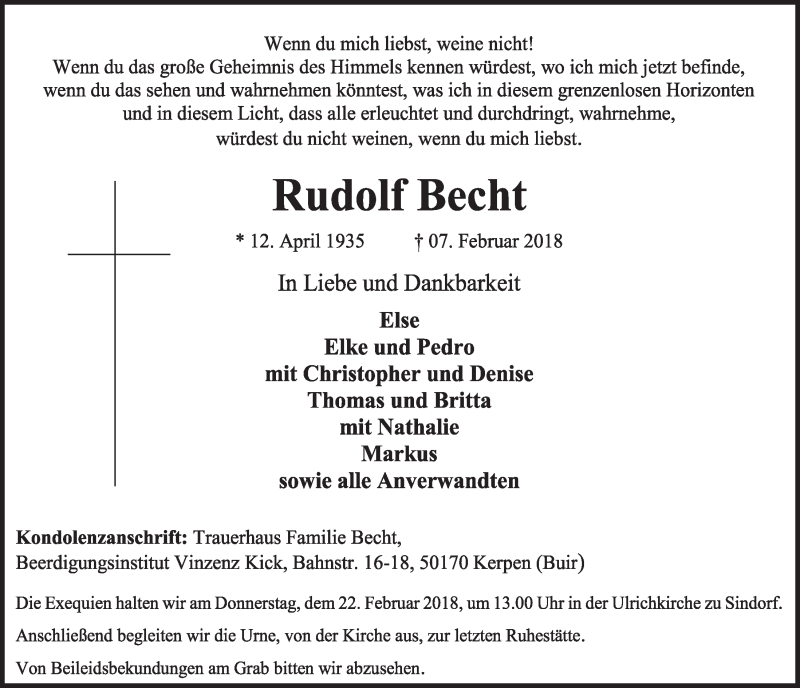  Traueranzeige für Rudolf Becht vom 17.02.2018 aus  Sonntags-Post 