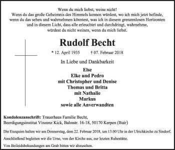 Anzeige von Rudolf Becht von  Sonntags-Post 