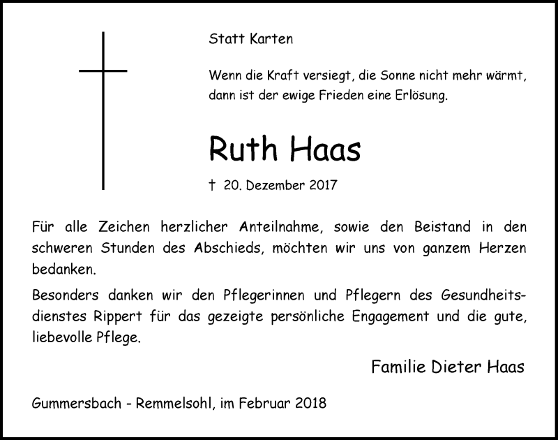  Traueranzeige für Ruth Haas vom 14.02.2018 aus  Anzeigen Echo 