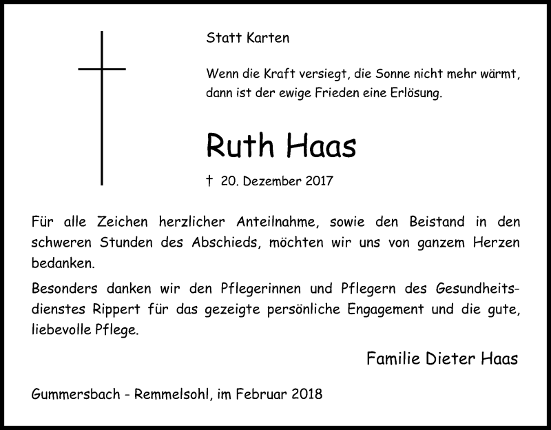  Traueranzeige für Ruth Haas vom 14.02.2018 aus Kölner Stadt-Anzeiger / Kölnische Rundschau / Express