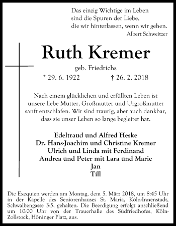 Anzeige von Ruth Kremer von Kölner Stadt-Anzeiger / Kölnische Rundschau / Express
