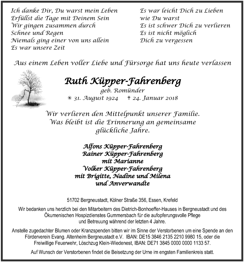  Traueranzeige für Ruth Küpper-Fahrenberg vom 31.01.2018 aus  Anzeigen Echo 