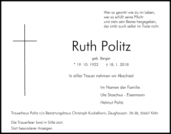 Anzeige von Ruth Politz von Kölner Stadt-Anzeiger / Kölnische Rundschau / Express