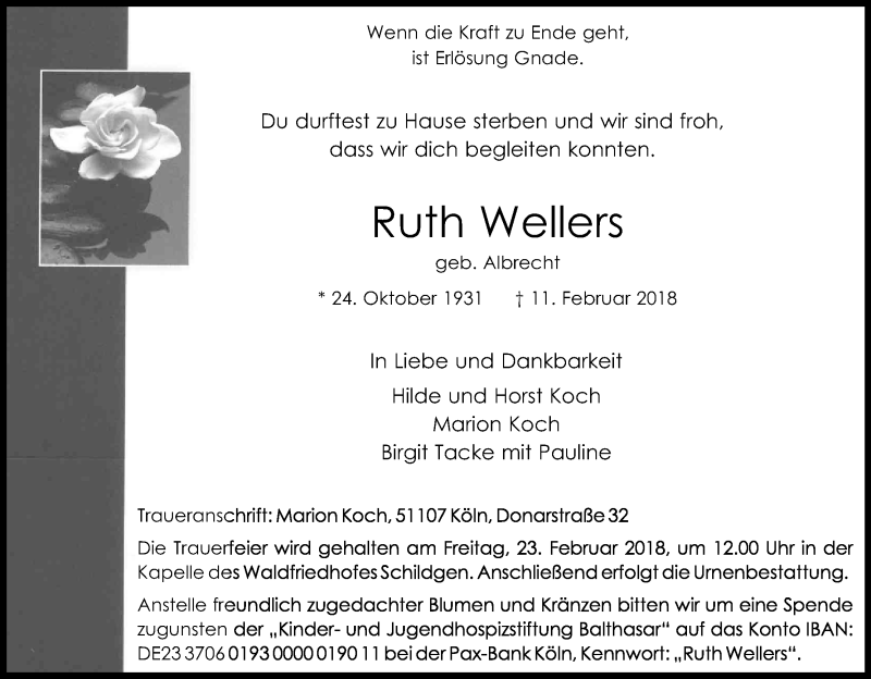  Traueranzeige für Ruth Wellers vom 17.02.2018 aus Kölner Stadt-Anzeiger / Kölnische Rundschau / Express