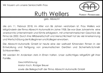 Anzeige von Ruth Wellers von Kölner Stadt-Anzeiger / Kölnische Rundschau / Express