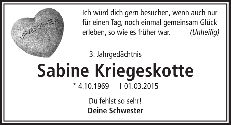  Traueranzeige für Sabine Kriegeskotte vom 28.02.2018 aus  Lokalanzeiger 