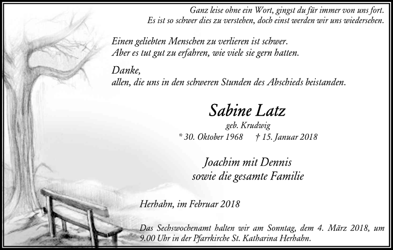 Traueranzeige für Sabine Latz vom 24.02.2018 aus Kölner Stadt-Anzeiger / Kölnische Rundschau / Express