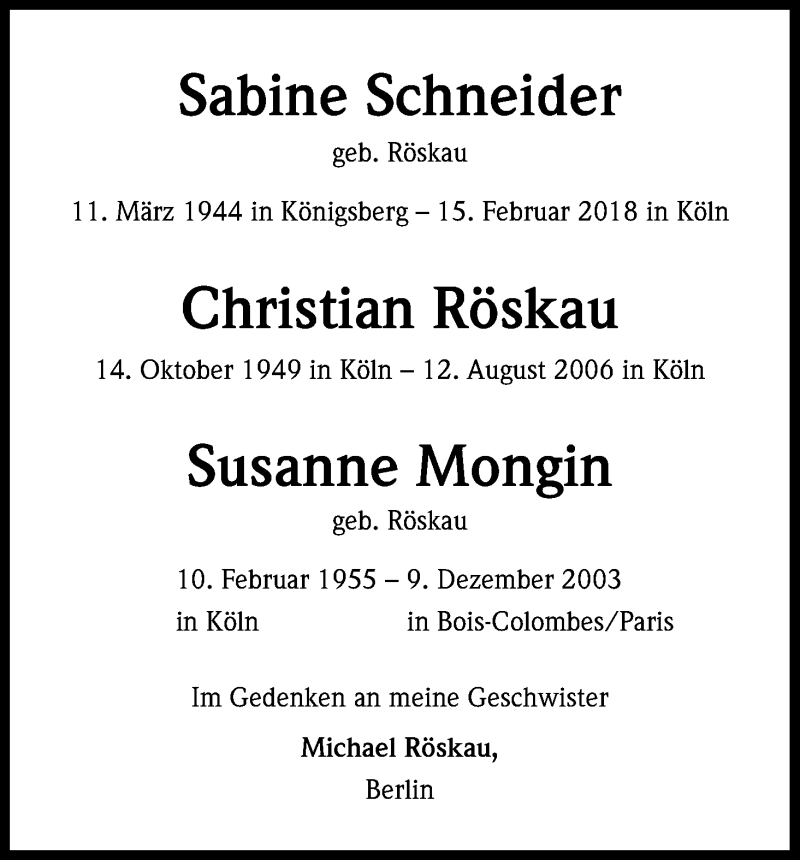  Traueranzeige für Sabine Schneider vom 28.02.2018 aus Kölner Stadt-Anzeiger / Kölnische Rundschau / Express