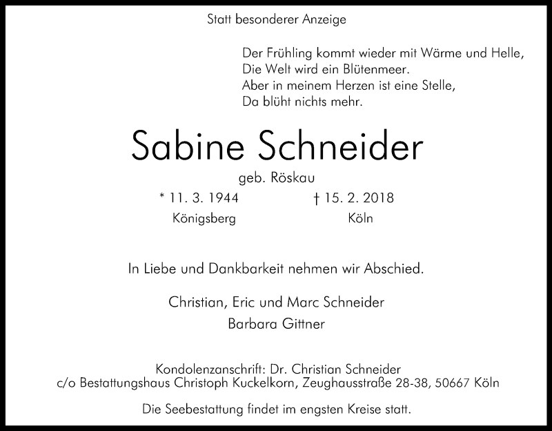  Traueranzeige für Sabine Schneider vom 24.02.2018 aus Kölner Stadt-Anzeiger / Kölnische Rundschau / Express
