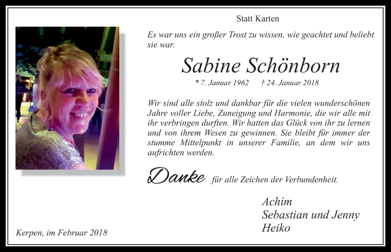  Traueranzeige für Sabine Schönborn vom 28.02.2018 aus  Werbepost 