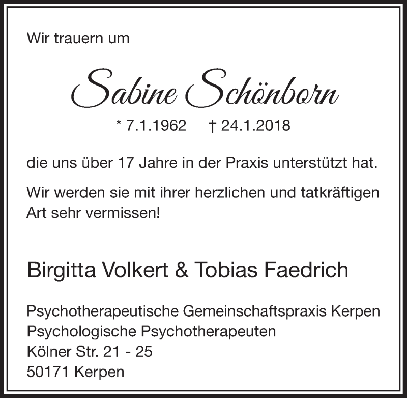  Traueranzeige für Sabine Schönborn vom 03.02.2018 aus  Sonntags-Post 