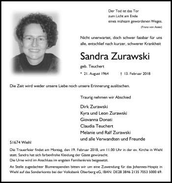 Anzeige von Sandra Zurawski von Kölner Stadt-Anzeiger / Kölnische Rundschau / Express