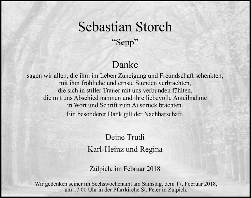  Traueranzeige für Sebastian Storch vom 03.02.2018 aus  Blickpunkt Euskirchen 