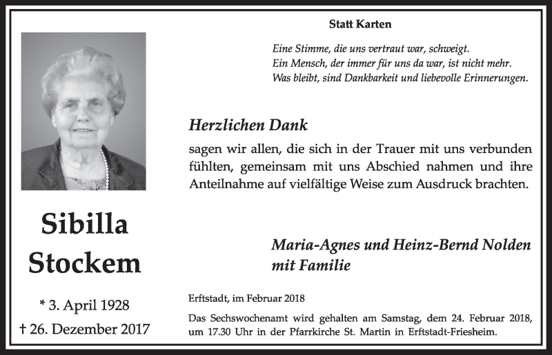  Traueranzeige für Sibilla Stockem vom 17.02.2018 aus  Sonntags-Post 