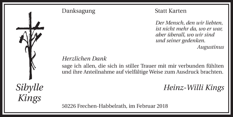  Traueranzeige für Sibylle Kings vom 24.02.2018 aus  Sonntags-Post 