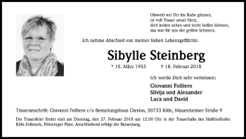 Anzeige von Sibylle Steinberg von Kölner Stadt-Anzeiger / Kölnische Rundschau / Express