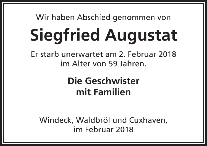  Traueranzeige für Siegfried Augustat vom 28.02.2018 aus  Lokalanzeiger 