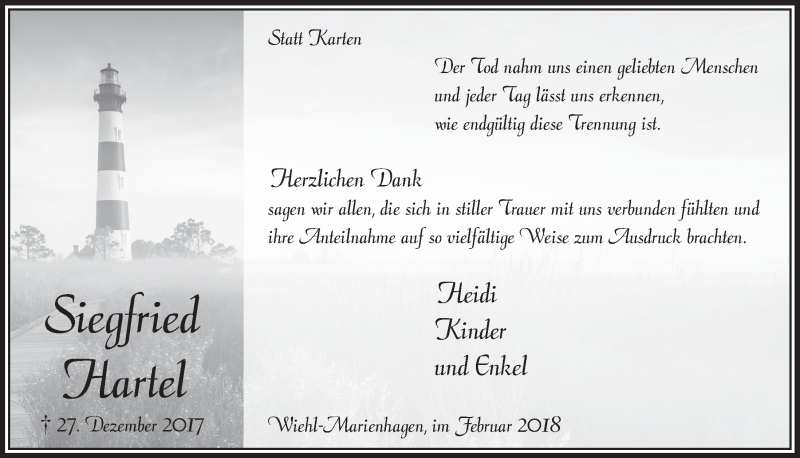  Traueranzeige für Siegfried Hartel vom 28.02.2018 aus  Anzeigen Echo 