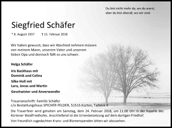 Anzeige von Siegfried Schäfer von Kölner Stadt-Anzeiger / Kölnische Rundschau / Express