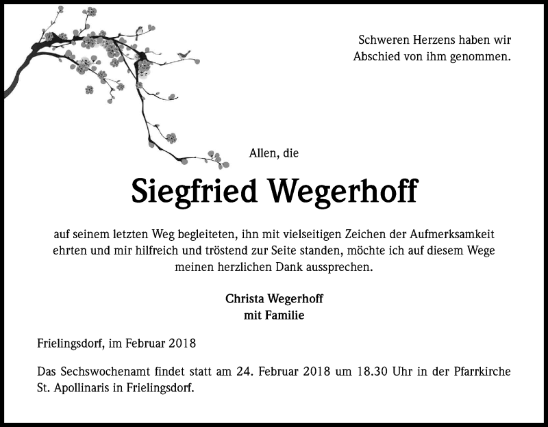  Traueranzeige für Siegfried Wegerhoff vom 10.02.2018 aus Kölner Stadt-Anzeiger / Kölnische Rundschau / Express