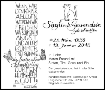 Anzeige von Sieglinde Gravenstein von Kölner Stadt-Anzeiger / Kölnische Rundschau / Express