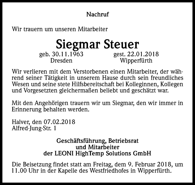  Traueranzeige für Siegmar Steuer vom 07.02.2018 aus Kölner Stadt-Anzeiger / Kölnische Rundschau / Express