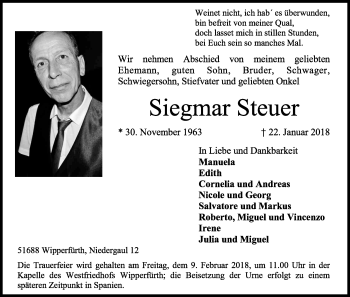 Anzeige von Siegmar Steuer von Kölner Stadt-Anzeiger / Kölnische Rundschau / Express