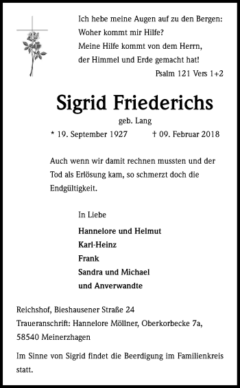 Anzeige von Sigrid Friederichs von Kölner Stadt-Anzeiger / Kölnische Rundschau / Express