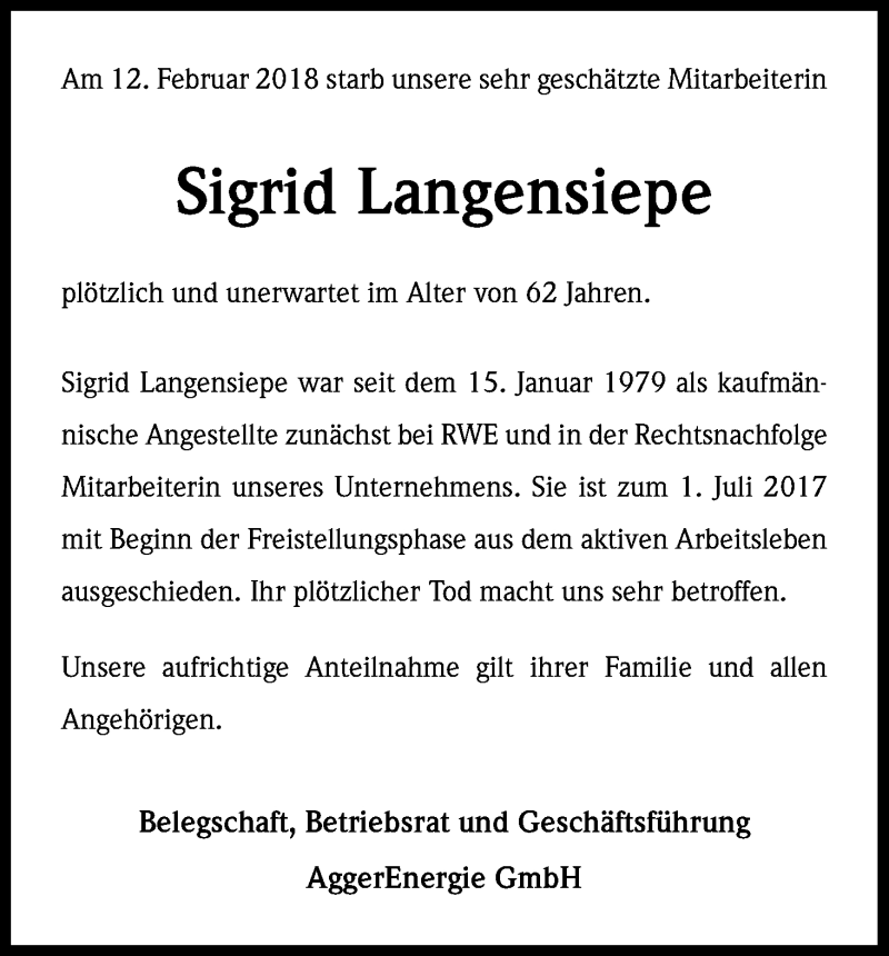  Traueranzeige für Sigrid Langensiepe vom 24.02.2018 aus Kölner Stadt-Anzeiger / Kölnische Rundschau / Express