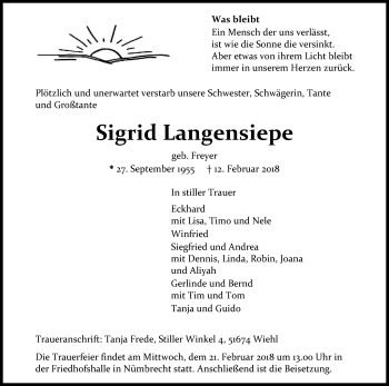 Anzeige von Sigrid Langensiepe von Kölner Stadt-Anzeiger / Kölnische Rundschau / Express