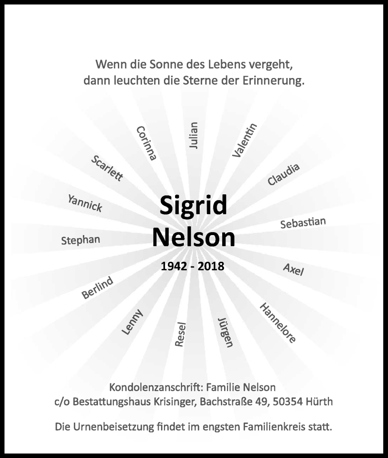  Traueranzeige für Sigrid Nelson vom 02.02.2018 aus Kölner Stadt-Anzeiger / Kölnische Rundschau / Express