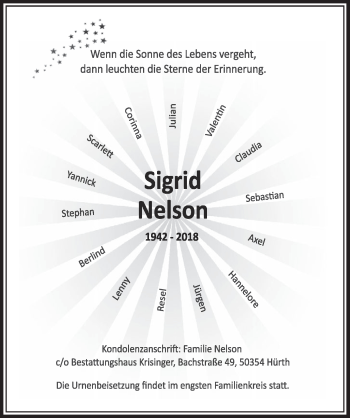 Anzeige von Sigrid Nelson von  Sonntags-Post 