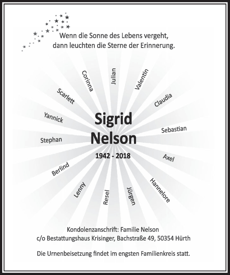  Traueranzeige für Sigrid Nelson vom 03.02.2018 aus  Sonntags-Post 