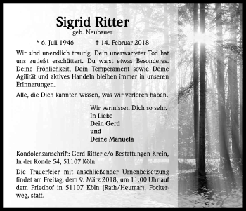 Anzeige von Sigrid Ritter von Kölner Stadt-Anzeiger / Kölnische Rundschau / Express
