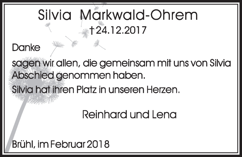  Traueranzeige für Silvia Markwald-Ohrem vom 07.02.2018 aus  Schlossbote/Werbekurier 