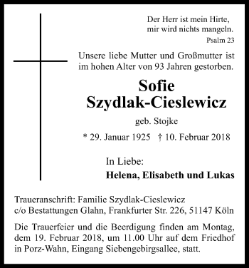 Anzeige von Sofie Szydlak-Cieslewicz von Kölner Stadt-Anzeiger / Kölnische Rundschau / Express