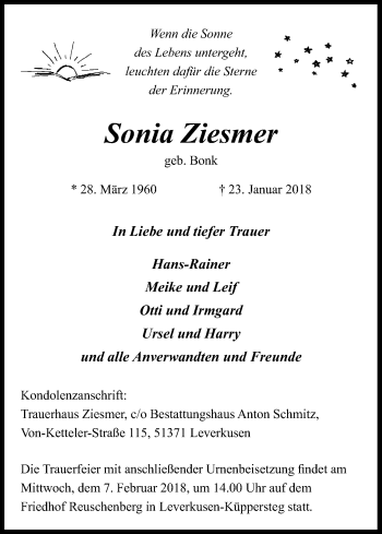 Anzeige von Sonia Ziesmer von Kölner Stadt-Anzeiger / Kölnische Rundschau / Express