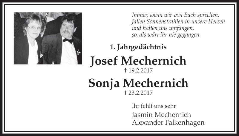  Traueranzeige für Sonja Mechernich vom 21.02.2018 aus  Schlossbote/Werbekurier 