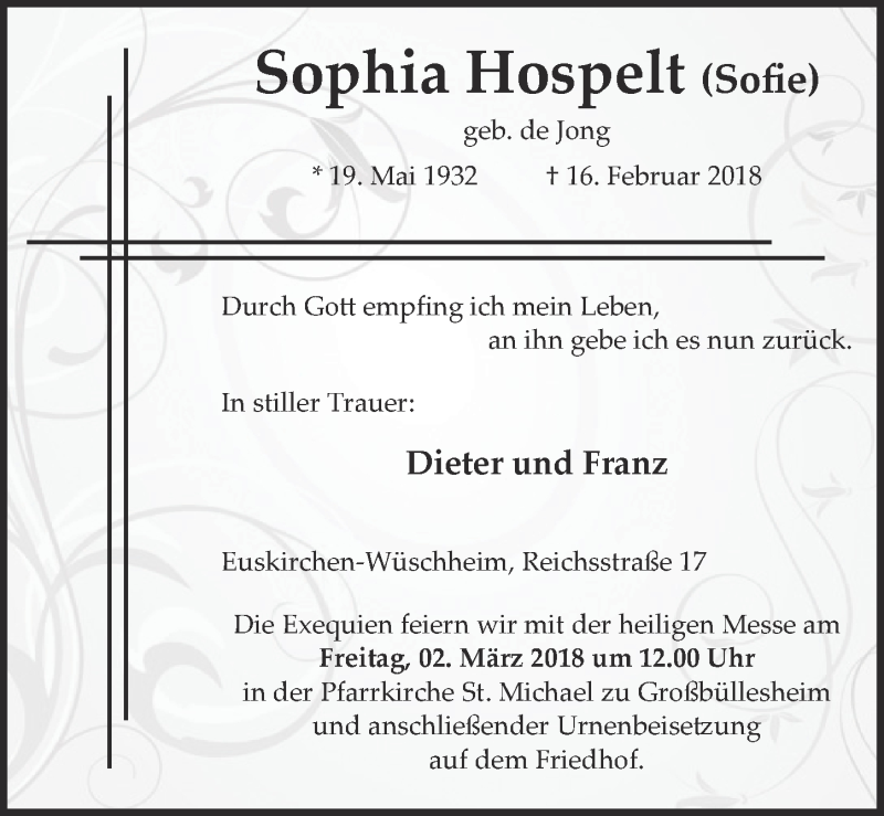  Traueranzeige für Sophia Hospelt vom 24.02.2018 aus  Blickpunkt Euskirchen 