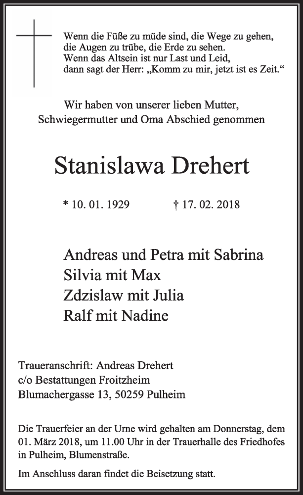  Traueranzeige für Stanislawa Drehert vom 24.02.2018 aus  Sonntags-Post 